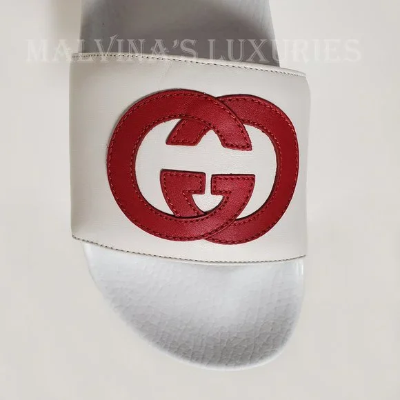 GUCCI SHOES WHITE LEATHER SLIDES INTERLOCKING G LOGO FLIP FLOPS sz IT 39 US 9